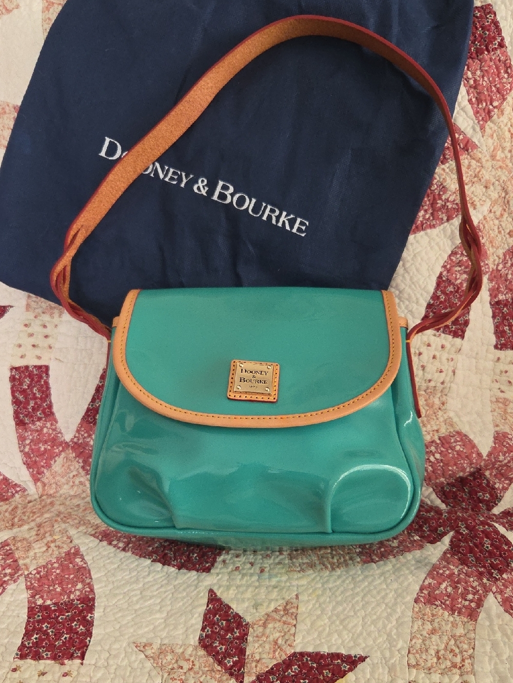 Dooney & Bourke Teal Patent Crossbody with Tan Trim & Dusty